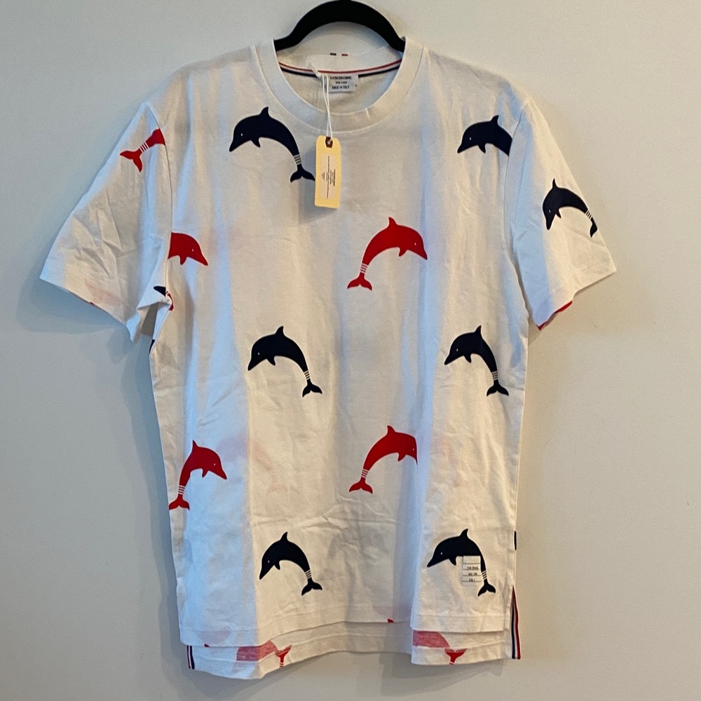 Thom Browne White Tee with Red and Black Dolphin Print